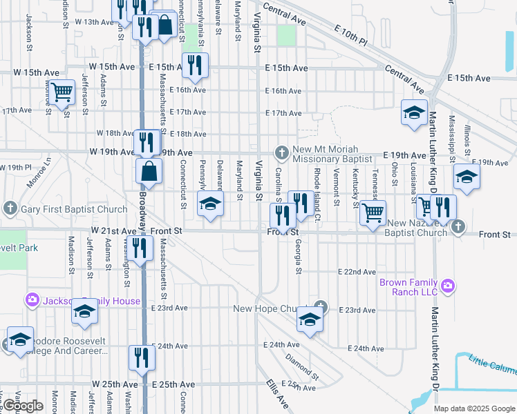 map of restaurants, bars, coffee shops, grocery stores, and more near 2024 Virginia Street in Gary