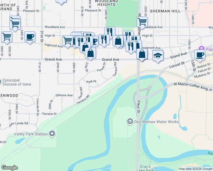 map of restaurants, bars, coffee shops, grocery stores, and more near 2410 Terrace Road in Des Moines