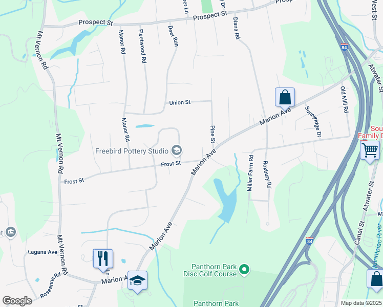 map of restaurants, bars, coffee shops, grocery stores, and more near 21 Frost Street in Southington