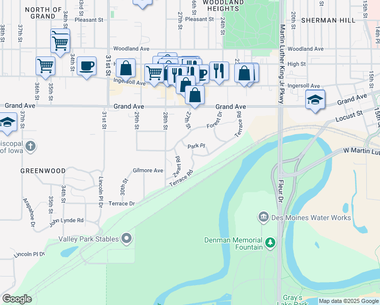 map of restaurants, bars, coffee shops, grocery stores, and more near 236 Park Place in Des Moines