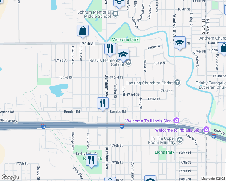 map of restaurants, bars, coffee shops, grocery stores, and more near 17246 Walter Street in Lansing