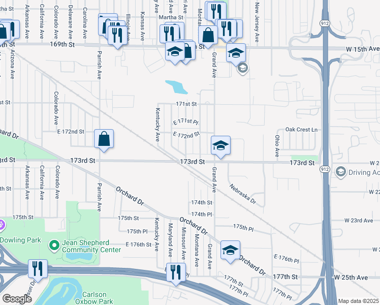 map of restaurants, bars, coffee shops, grocery stores, and more near 7235 Missouri Avenue in Hammond