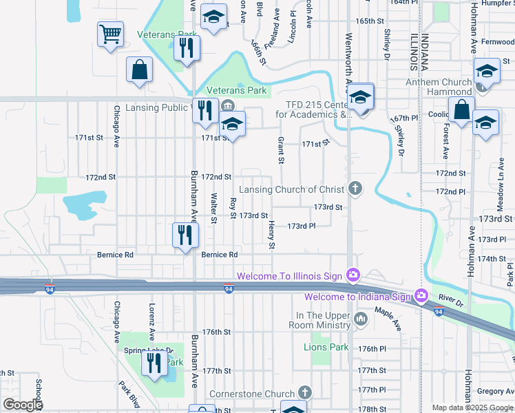 map of restaurants, bars, coffee shops, grocery stores, and more near 17239 Community Street in Lansing