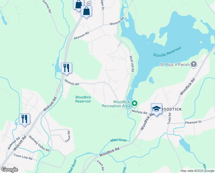 map of restaurants, bars, coffee shops, grocery stores, and more near 125 Nichols Road in Wolcott