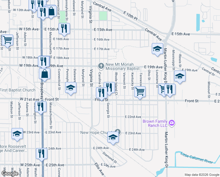 map of restaurants, bars, coffee shops, grocery stores, and more near 2025 Georgia Street in Gary