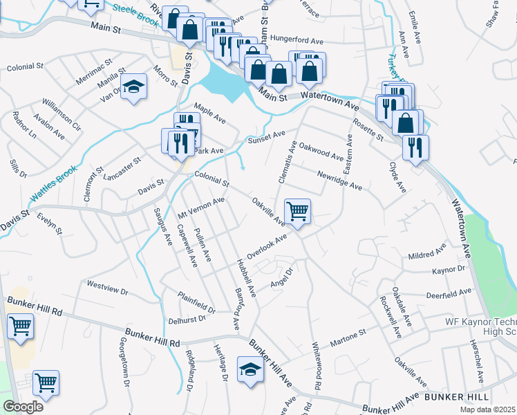 map of restaurants, bars, coffee shops, grocery stores, and more near 449 Oakville Avenue in Waterbury