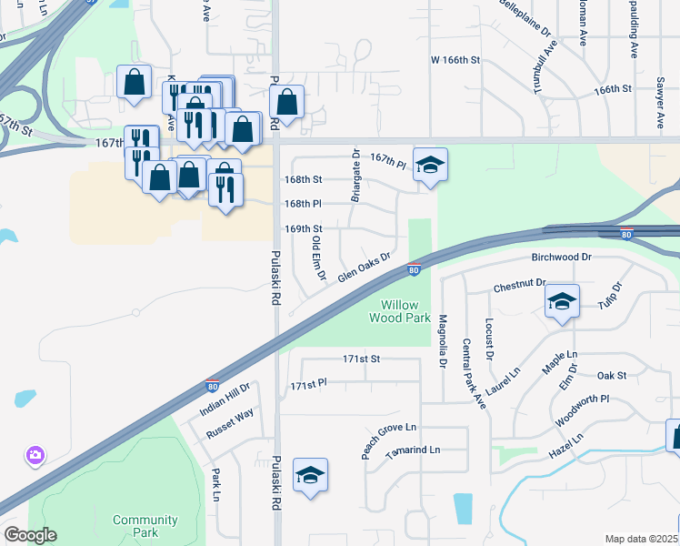 map of restaurants, bars, coffee shops, grocery stores, and more near 16936 Glen Oaks Drive in Country Club Hills