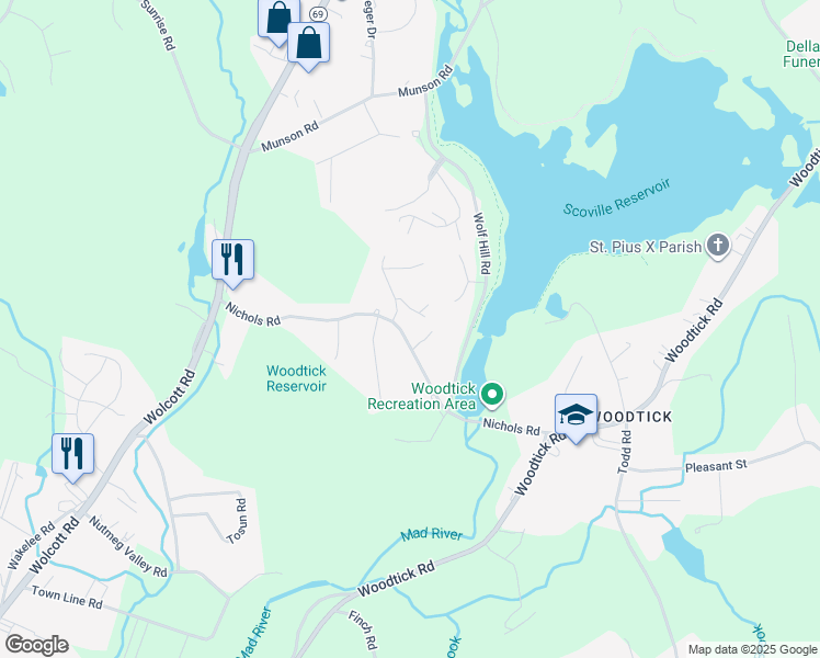 map of restaurants, bars, coffee shops, grocery stores, and more near 125 Nichols Road in Wolcott