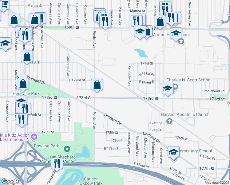 map of restaurants, bars, coffee shops, grocery stores, and more near 3315 173rd Street in Hammond