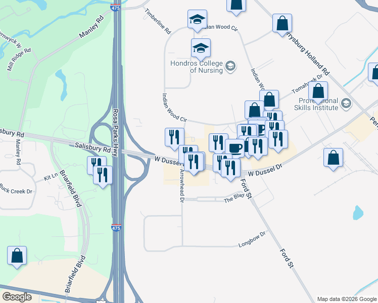 map of restaurants, bars, coffee shops, grocery stores, and more near 597 West Dussel Drive in Maumee