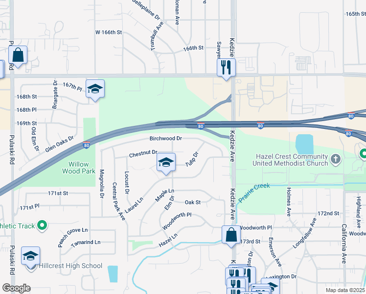 map of restaurants, bars, coffee shops, grocery stores, and more near 3318 Chestnut Court in Hazel Crest