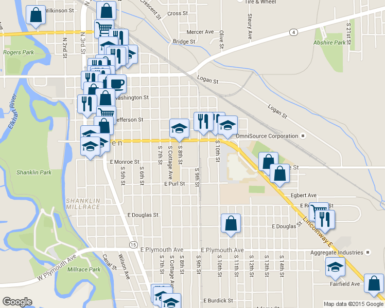 map of restaurants, bars, coffee shops, grocery stores, and more near 516 East Madison Street in Goshen