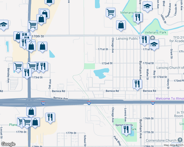 map of restaurants, bars, coffee shops, grocery stores, and more near 17233 West Lake Road in Lansing