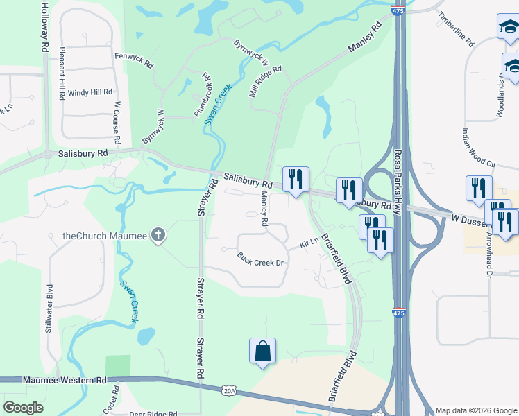 map of restaurants, bars, coffee shops, grocery stores, and more near 6638 Echo Valley in Maumee