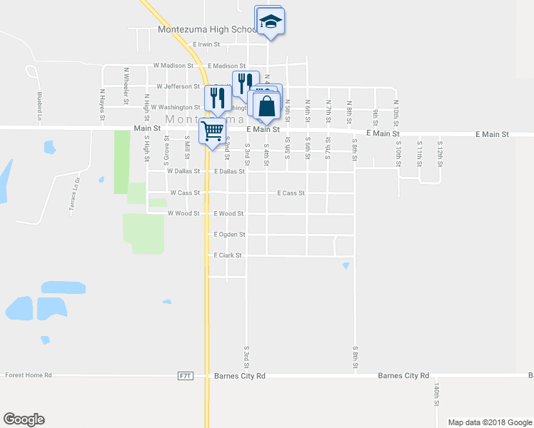 map of restaurants, bars, coffee shops, grocery stores, and more near 398 East Wood Street in Montezuma