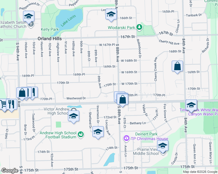 map of restaurants, bars, coffee shops, grocery stores, and more near 8829 170th Street in Orland Hills