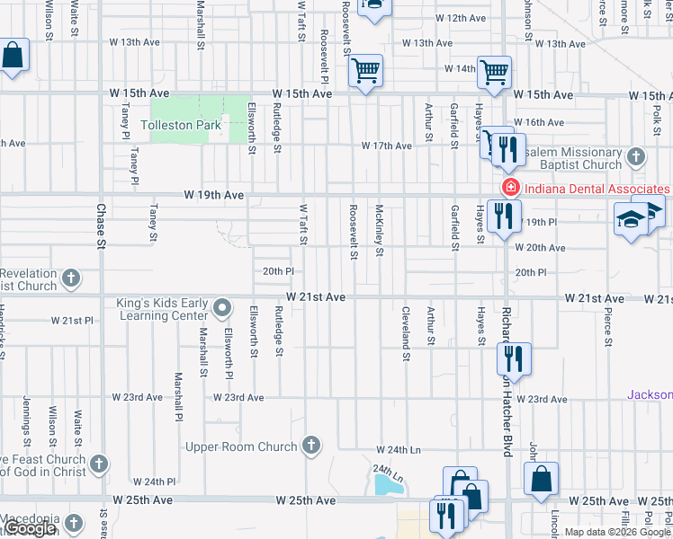 map of restaurants, bars, coffee shops, grocery stores, and more near 2045 Roosevelt Place in Gary
