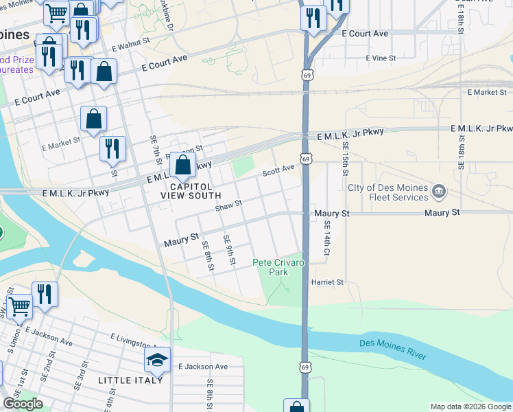 map of restaurants, bars, coffee shops, grocery stores, and more near 1021 Shaw Street in Des Moines