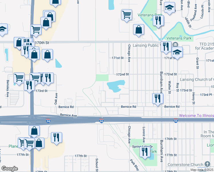 map of restaurants, bars, coffee shops, grocery stores, and more near 17233 West Lake Road in Lansing