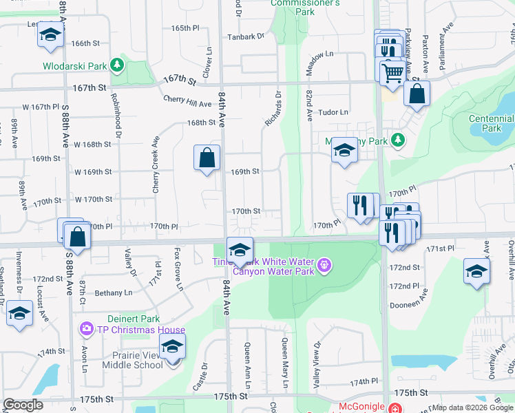 map of restaurants, bars, coffee shops, grocery stores, and more near 8300 170th Street in Tinley Park