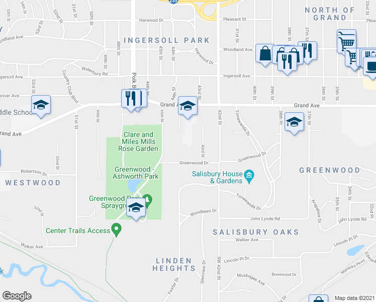 map of restaurants, bars, coffee shops, grocery stores, and more near 4325 Greenwood Drive in Des Moines