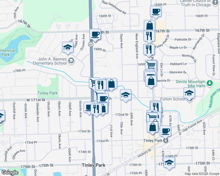 map of restaurants, bars, coffee shops, grocery stores, and more near 7071 170th Street in Tinley Park
