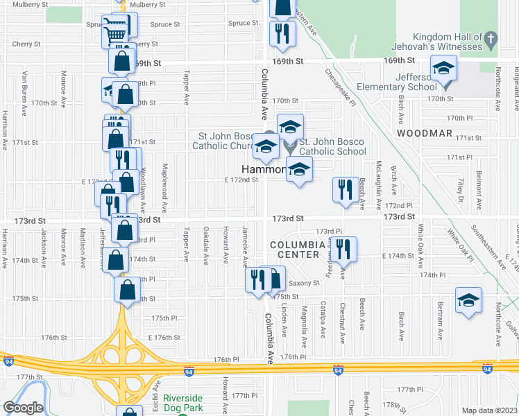 map of restaurants, bars, coffee shops, grocery stores, and more near 7236 Columbia Avenue in Hammond
