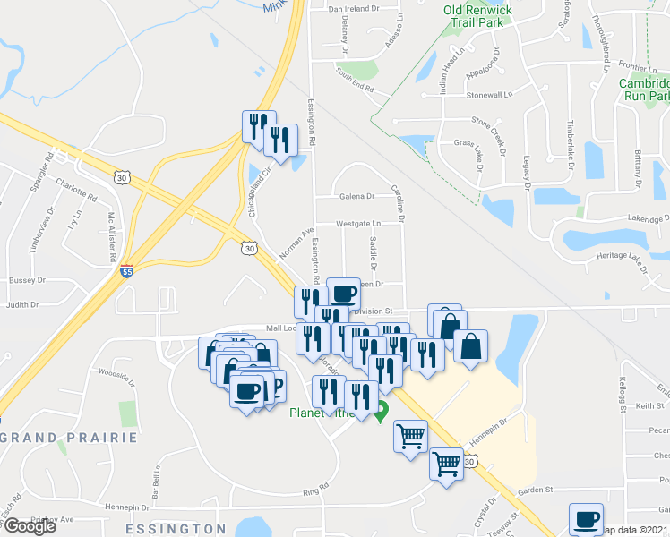 map of restaurants, bars, coffee shops, grocery stores, and more near 3215 Pinecrest Drive in Joliet