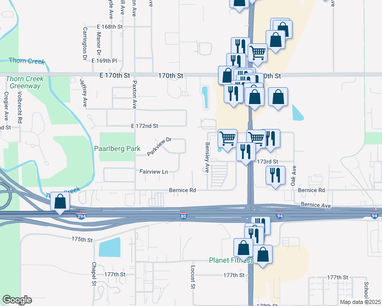 map of restaurants, bars, coffee shops, grocery stores, and more near 17273 Heritage Drive in South Holland