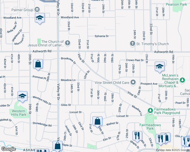 map of restaurants, bars, coffee shops, grocery stores, and more near 2928 Vine Street in West Des Moines