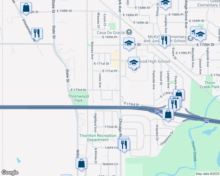 map of restaurants, bars, coffee shops, grocery stores, and more near 17241 Louis Court in South Holland