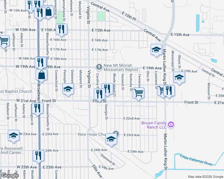 map of restaurants, bars, coffee shops, grocery stores, and more near 2025 Georgia Street in Gary