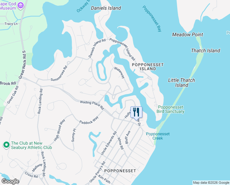 map of restaurants, bars, coffee shops, grocery stores, and more near 205 Waterway in Mashpee