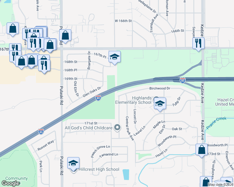 map of restaurants, bars, coffee shops, grocery stores, and more near 16918 Magnolia Drive in Hazel Crest