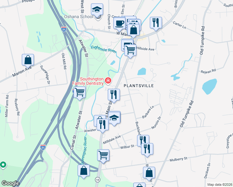 map of restaurants, bars, coffee shops, grocery stores, and more near 965 South Main Street in Southington
