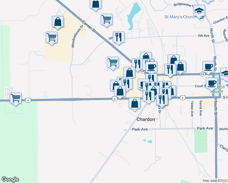 map of restaurants, bars, coffee shops, grocery stores, and more near 554 Water Street in Chardon