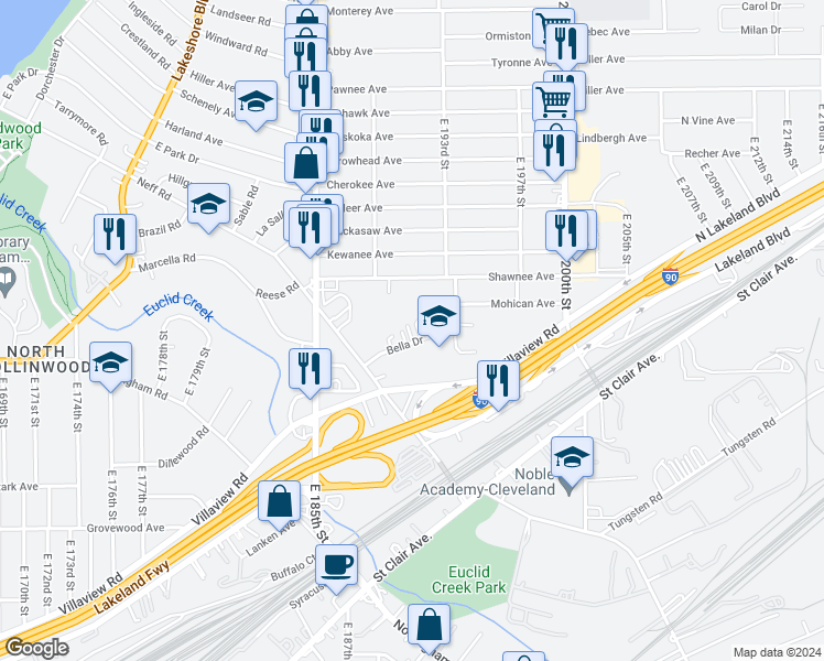 map of restaurants, bars, coffee shops, grocery stores, and more near 19007 Bella Drive in Cleveland