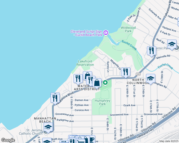 map of restaurants, bars, coffee shops, grocery stores, and more near 16101 Euclid Beach Boulevard in Cleveland