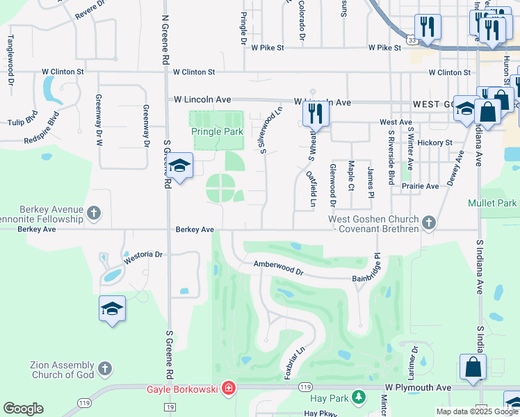 map of restaurants, bars, coffee shops, grocery stores, and more near 522 South Silverwood Lane in Goshen