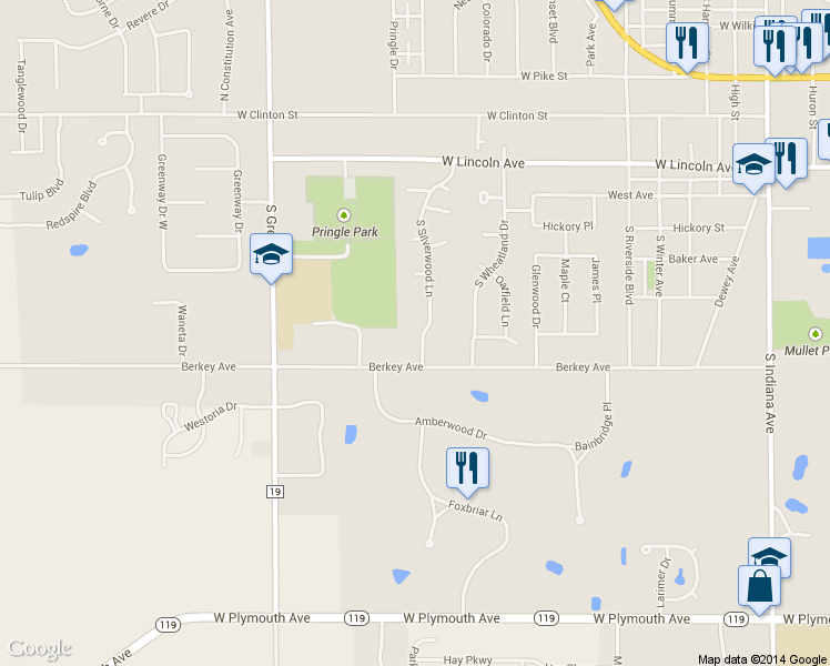 map of restaurants, bars, coffee shops, grocery stores, and more near 522 South Silverwood Lane in Goshen