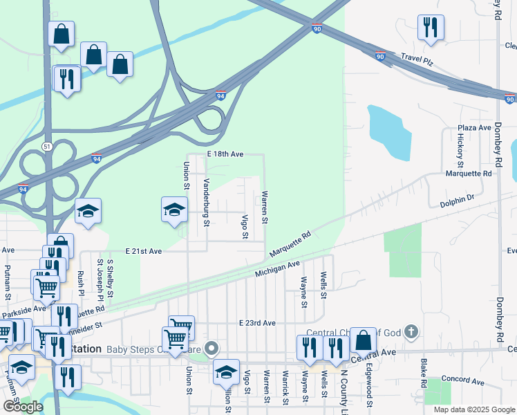 map of restaurants, bars, coffee shops, grocery stores, and more near 1995 Vigo Street in Gary