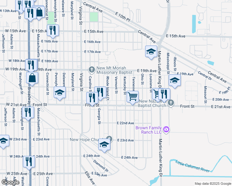 map of restaurants, bars, coffee shops, grocery stores, and more near 2023 Rhode Island Court in Gary