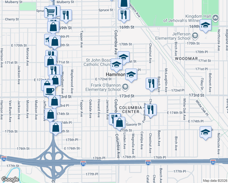 map of restaurants, bars, coffee shops, grocery stores, and more near 7235 Jarnecke Avenue in Hammond