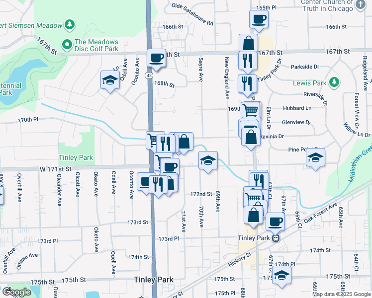 map of restaurants, bars, coffee shops, grocery stores, and more near 7051 170th Street in Tinley Park