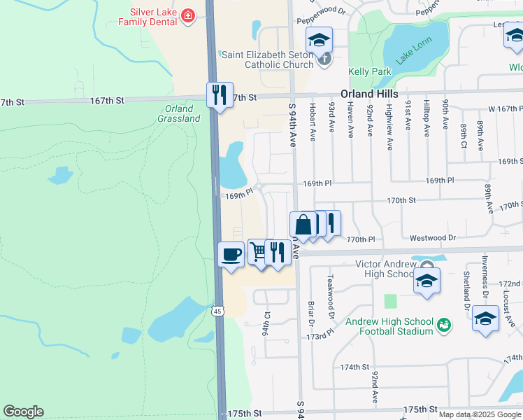map of restaurants, bars, coffee shops, grocery stores, and more near 16727 LaGrange Road in Tinley Park
