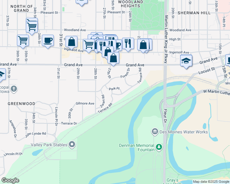 map of restaurants, bars, coffee shops, grocery stores, and more near 236 Park Place in Des Moines