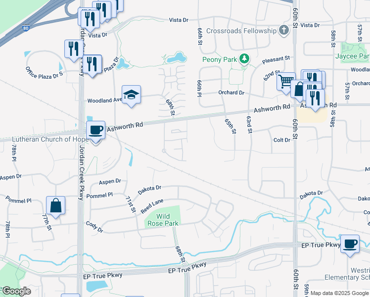 map of restaurants, bars, coffee shops, grocery stores, and more near 900 67th Street in West Des Moines