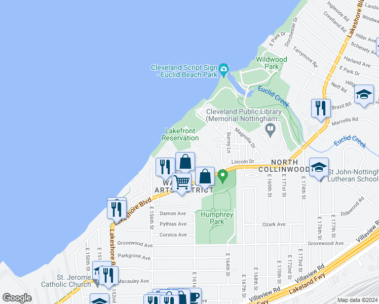 map of restaurants, bars, coffee shops, grocery stores, and more near 16101 Euclid Beach Boulevard in Cleveland