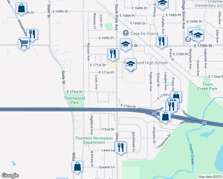 map of restaurants, bars, coffee shops, grocery stores, and more near 17240 South Park Avenue in South Holland