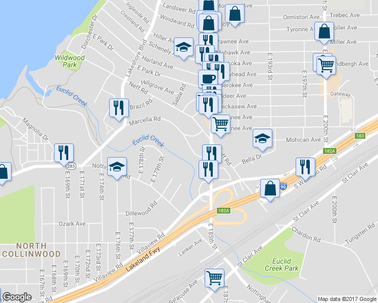 map of restaurants, bars, coffee shops, grocery stores, and more near 18320 Marcella Road in Cleveland